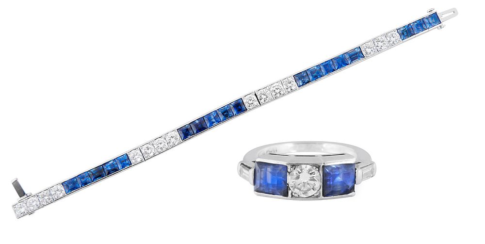 Appraisal: SAPPHIRE AND DIAMOND BRACELET AND RING SET SAPPHIRE AND DIAMOND