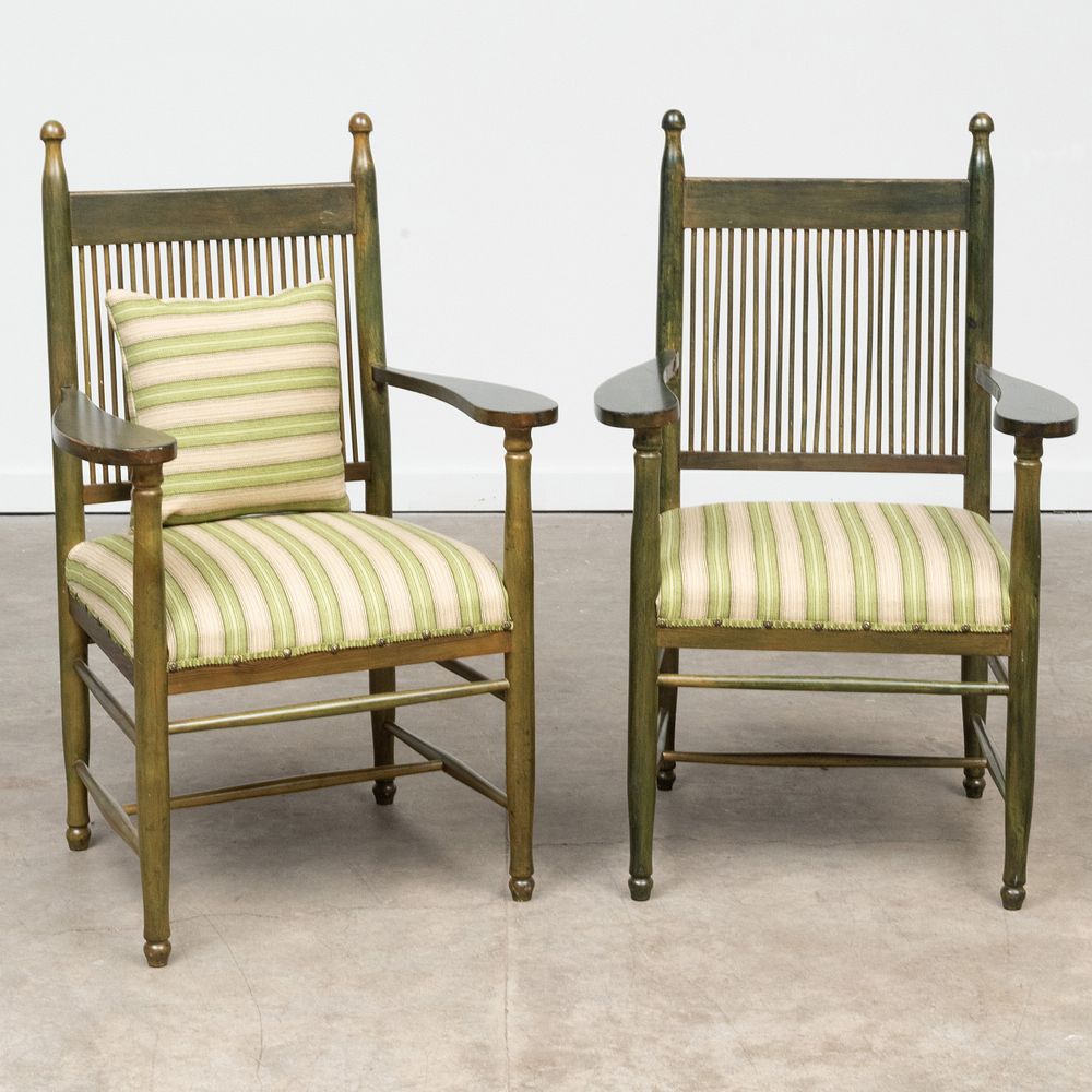 Appraisal: Pair of Carl Westman Stained Pine Arm Chairs Upholstered in