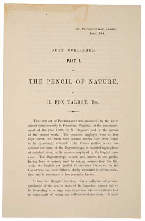 Appraisal: TALBOT WILLIAM HENRY FOX The Pencil of Nature Introduction and