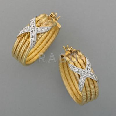 Appraisal: K GOLD DIAMOND HOOP EARRINGS k wg and yg designed