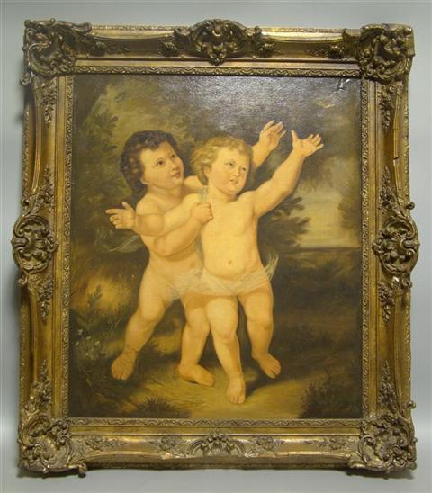 Appraisal: AFTER DE HUGUES TWO PUTTI Oil on jutte x in