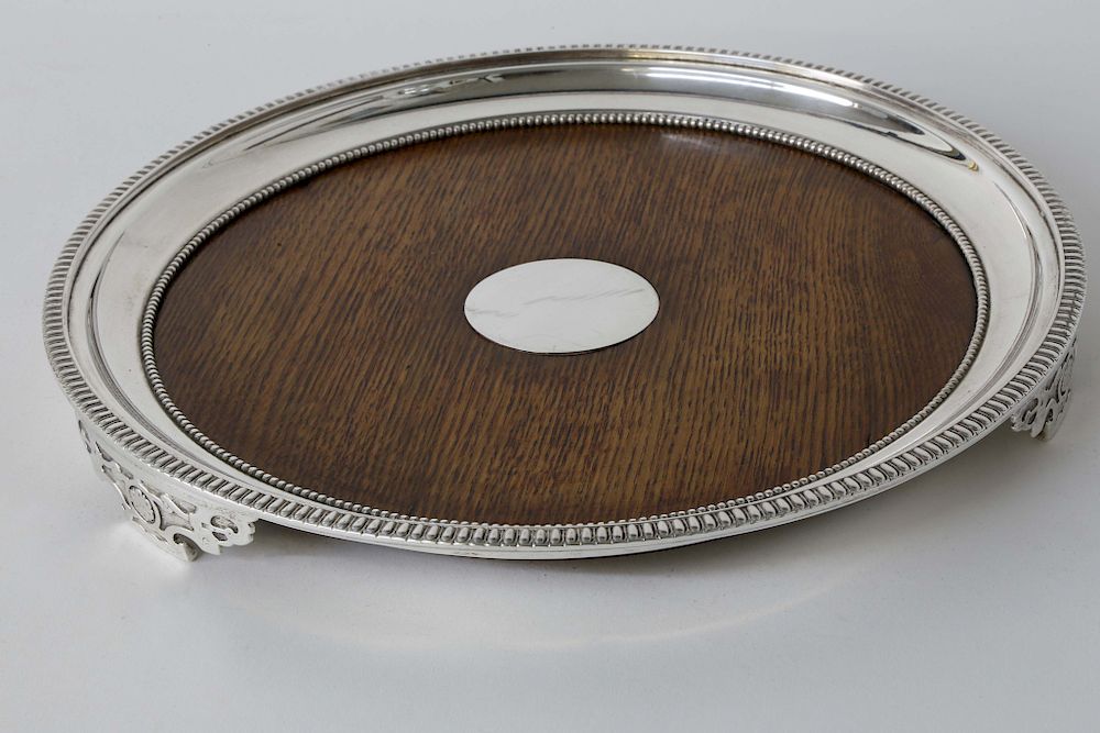 Appraisal: English Silver Plate and Oak Footed Round Cocktail Tray circa