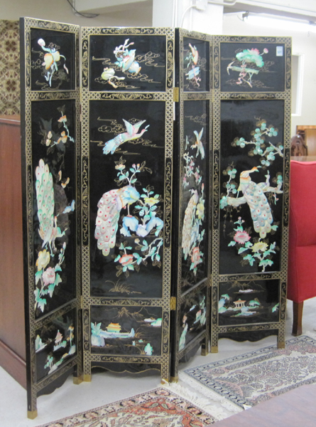 Appraisal: CHINESE FOUR-PANEL FLOOR SCREEN one side decorated with polychrome oyster