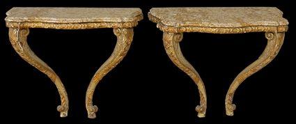 Appraisal: PAIR OF ITALIAN ROCOCO-STYLE CARVED PAINTED AND PARCEL-GILT CONSOLES WITH