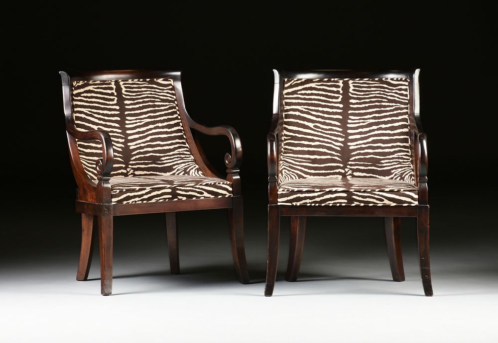 Appraisal: A PAIR OF FRENCH RESTORATION STYLE FAUX ZEBRA MICROFIBER UPHOLSTERED