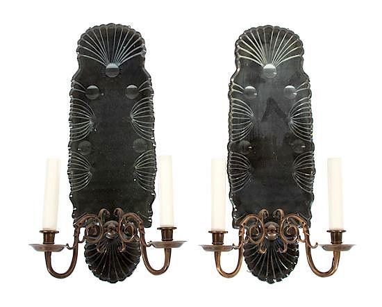 Appraisal: A Pair of Queen Anne Style Mirrored Brass Sconces A