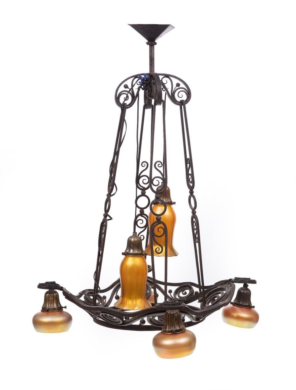 Appraisal: Edgar Brandt-Style Wrought and Patinated Metal Six-Light Chandelier th c