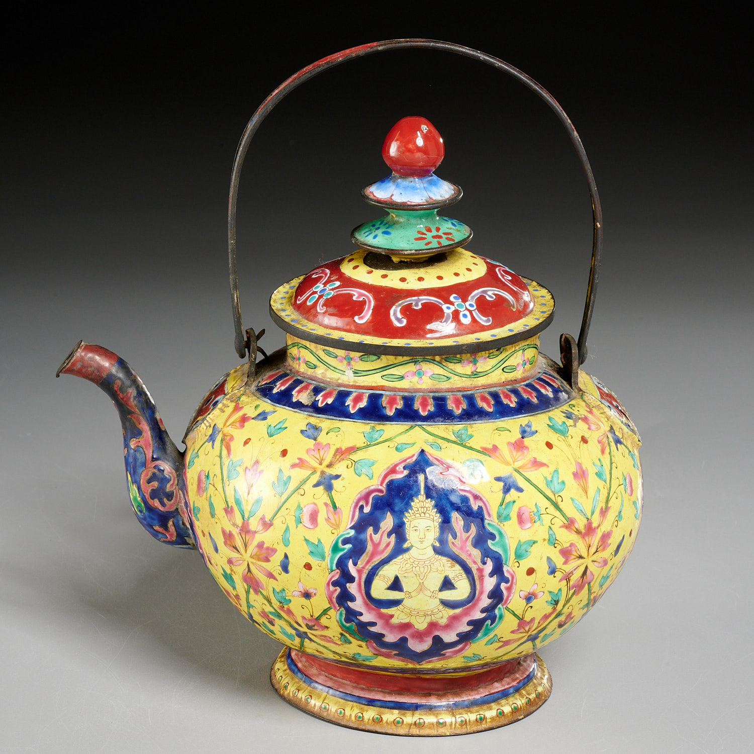 Appraisal: ANTIQUE THAI ENAMELED COPPER TEA POT Mid- th c benjarong-style