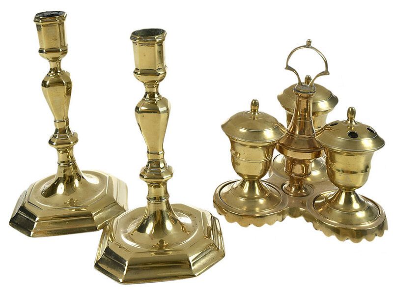 Appraisal: Pair Brass Candlesticks and Ink Stand British Continental th th