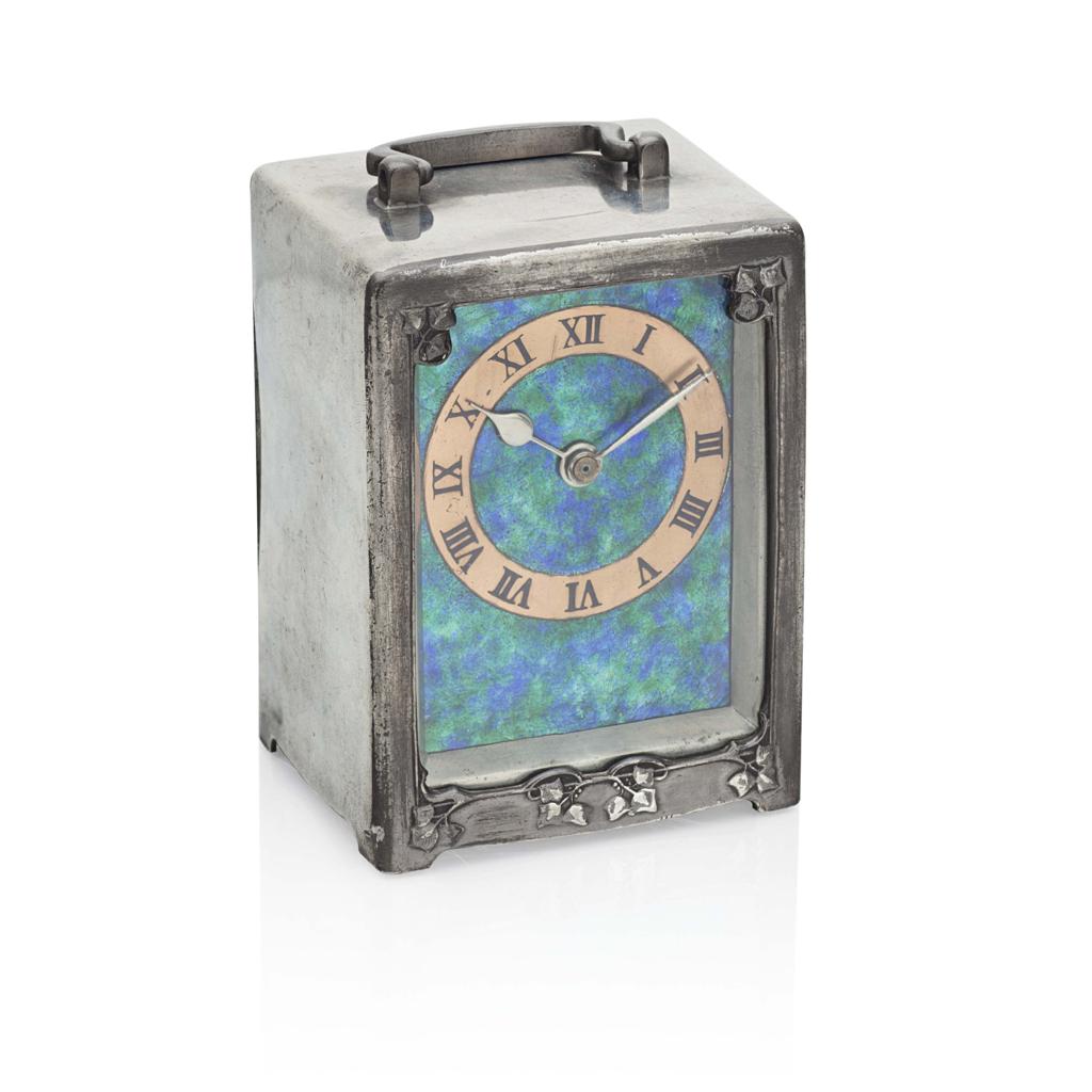 Appraisal: LIBERTY CO LONDON 'TUDRIC' PEWTER AND ENAMEL CARRIAGE TIMEPIECE CLOCK