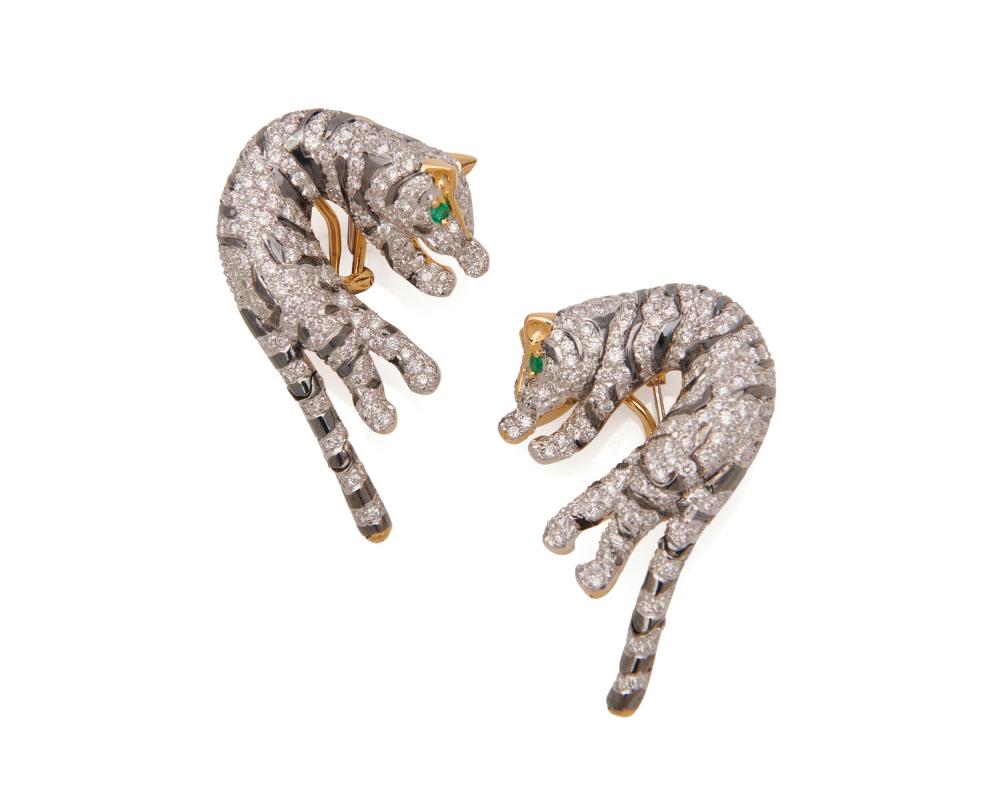 Appraisal: K Gold Diamond and Emerald Earrings the bicolor gold panther