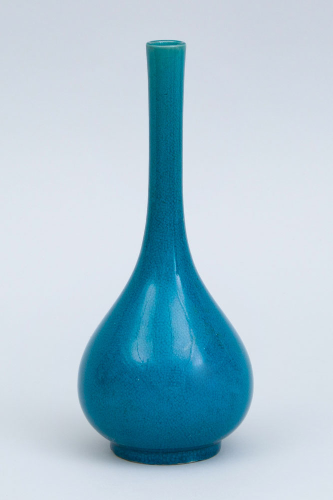 Appraisal: CHINESE TURQUOISE CRACKLE-GLAZED PORCELAIN SLENDER PEAR-FORM VASE With sticker from