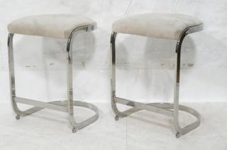 Appraisal: Pr Chrome Modernist Bar Stools Gray Ultra suede fabric seats