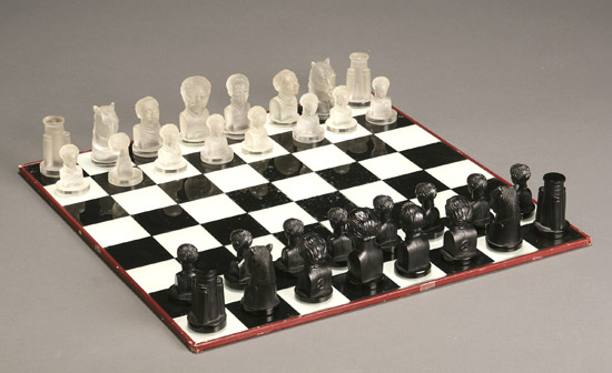 Appraisal: Czechoslovakian Molded Frosted and Jet Glass Chess Set th Century