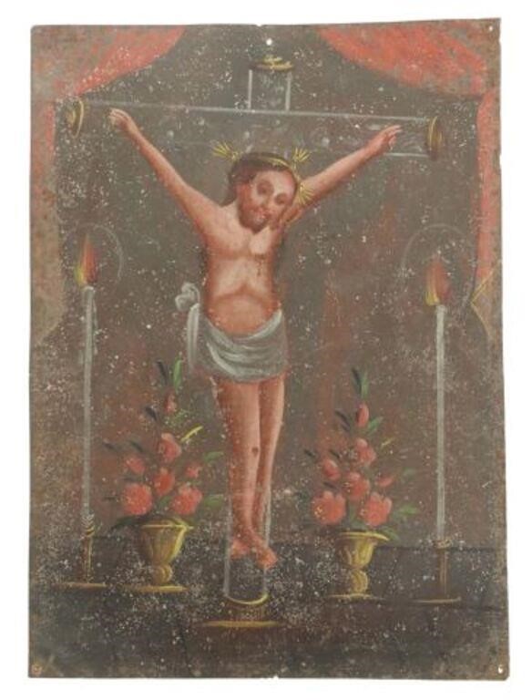 Appraisal: Unframed oil on tin retablo La Crucifixion The Crucifixion late