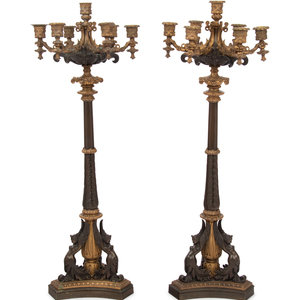 Appraisal: A Pair of French Neoclassical Gilt and Patinated Bronze Seven-Light