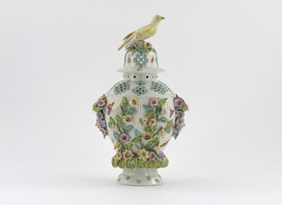 Appraisal: A Derby-style frill vase and cover applied with large flowers