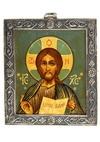 Appraisal: IMPERIAL RUSSIAN ICON IN FABERGE FRAME - Christ Pantecrator Holding