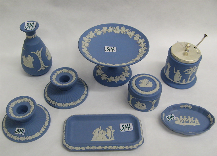 Appraisal: EIGHT PIECES OF ENGLISH WEDGWOOD JASPERWARE white accents on blue