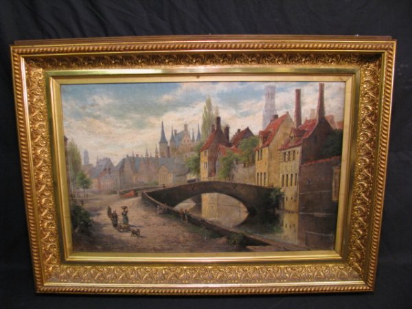 Appraisal: Unsigned oil on canvas painting of a European village with