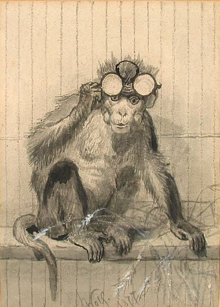 Appraisal: Josef Wolf German - A monkey wearing pince-nez glasses signed