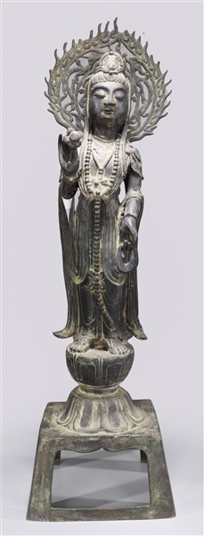 Appraisal: Antique Chinese circa standing bronze figure of Guanyin on lotus