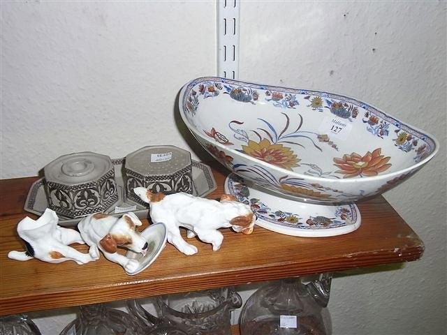 Appraisal: A CONTINENTAL STONEWARE DESK STAND with inkwell and sand pot