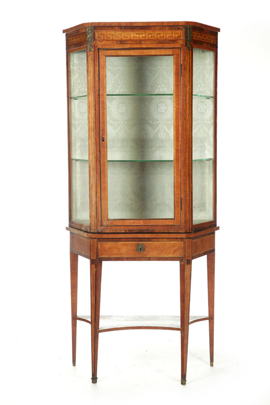 Appraisal: INLAID VITRINE European late th-early th century mixed woods Canted