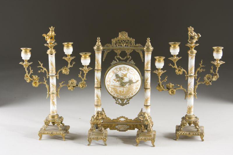 Appraisal: Chinoiserie Mounted Mantel Set th c porcelain and gilt bronze