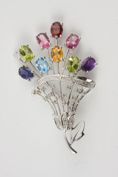 Appraisal: Multi-Gemstone Stone Brooch KT white gold floral spray and ribbon