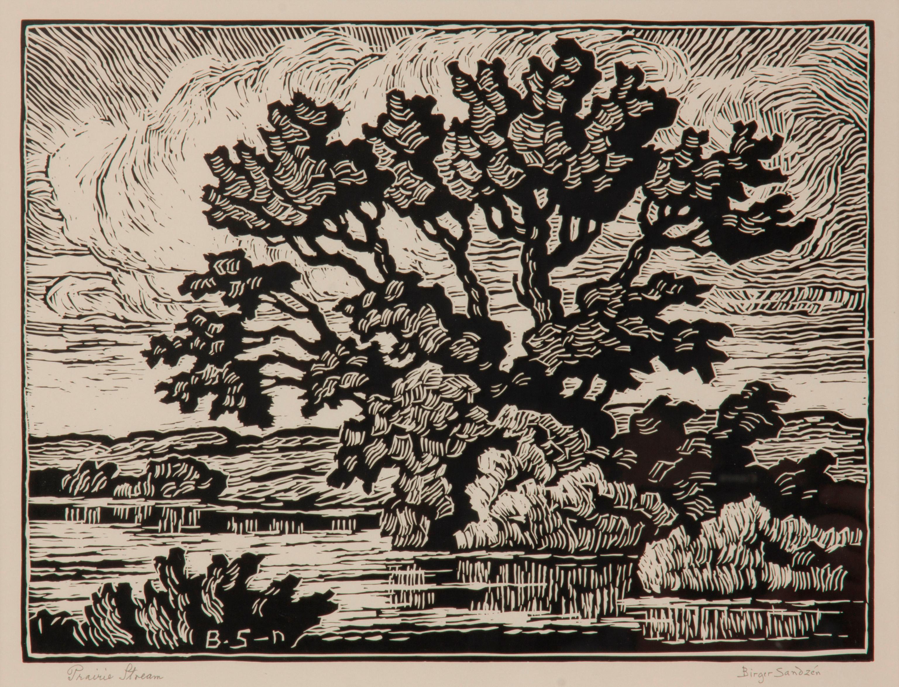 Appraisal: BIRGER SANDZEN 'PRAIRIE STREAM' PENCIL-SIGNED LINOCUT Birger Sandzen Swedish-American -