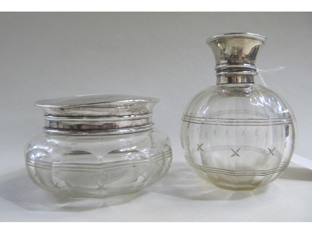 Appraisal: Lot comprising silver topped scent bottle and dressing table jar