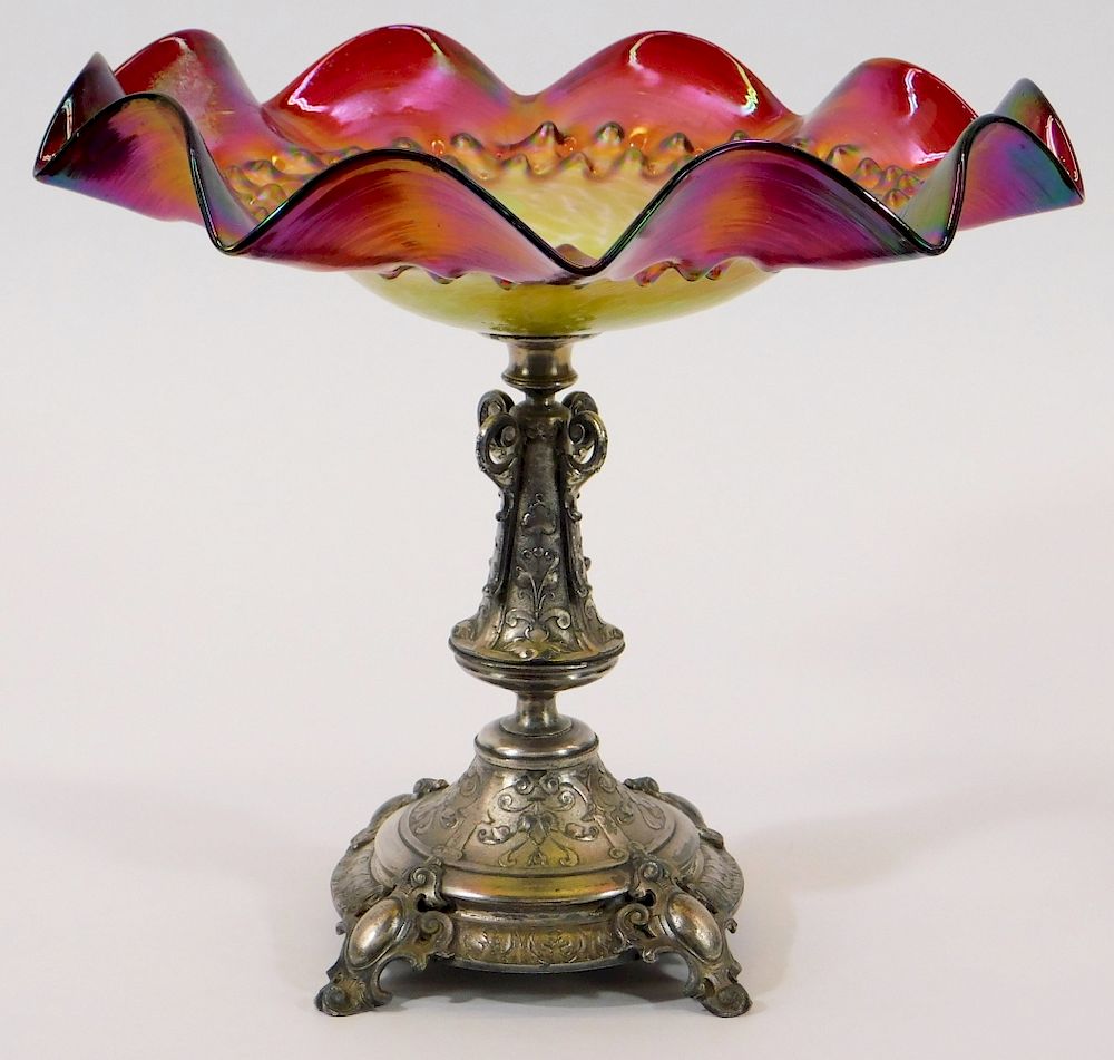 Appraisal: Loetz Rubina Frilled Art Glass Silver Plate Tazza Loetz Rubina