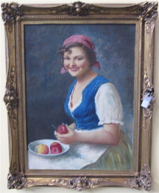 Appraisal: HUNGARIAN SCHOOL TH C Peasant Woman Peeling an Apple Oil