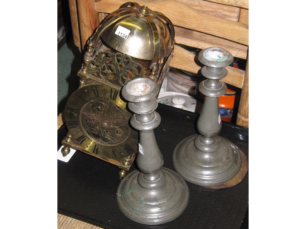 Appraisal: Brass mantel clock and a pair of pewter candl