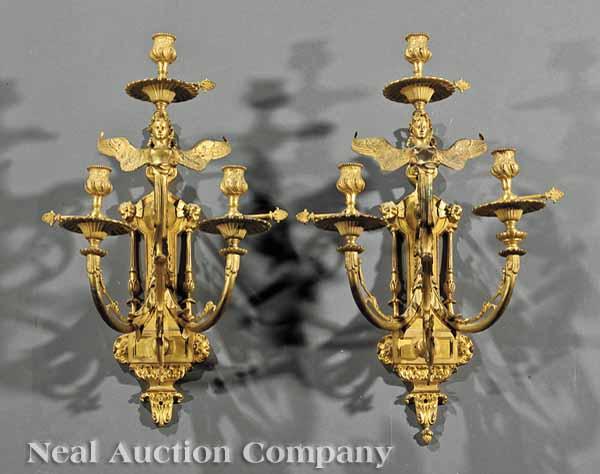 Appraisal: A Pair of Antique Louis XVI-Style Gilt Metal Three-Light Sconces