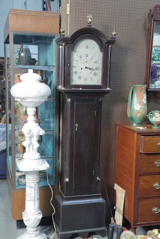 Appraisal: GRANDFATHER CLOCK Brass works and painted tin dial in a