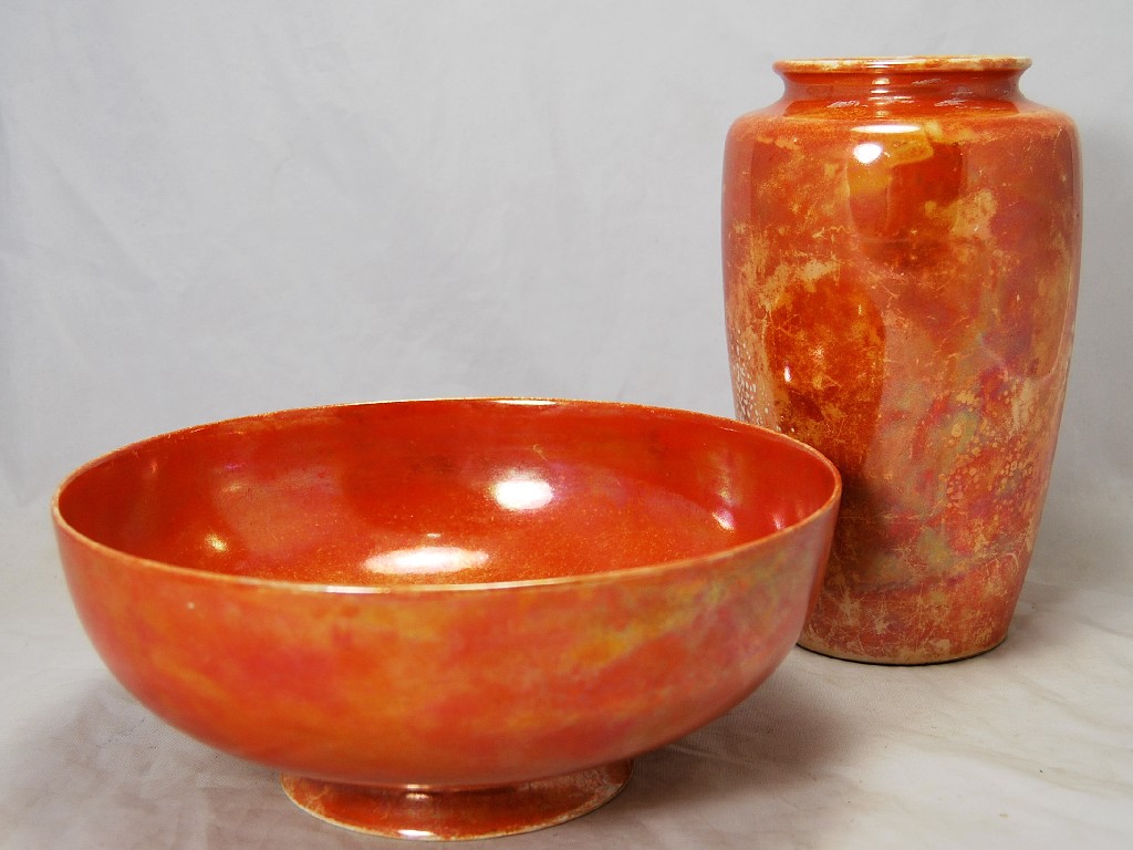 Appraisal: A Ruskin orange lustre bowl cm dia and similar vase