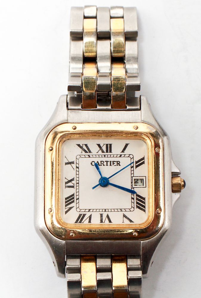 Appraisal: Cartier -Tone Gold-Plated Stainless Steel Watch Cartier two-tone gold-plated and