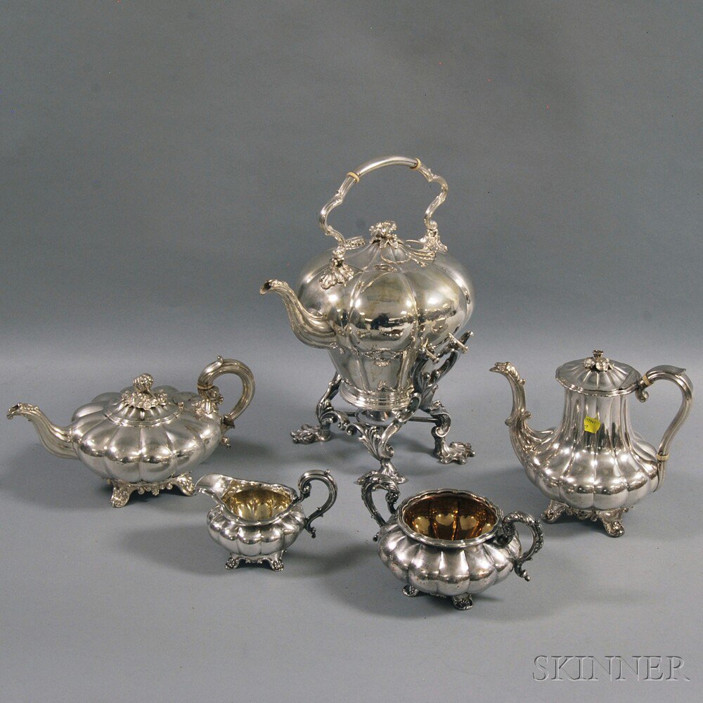 Appraisal: Boxed Assembled Silver and Silver-plated English Five-piece Melon-form Tea and