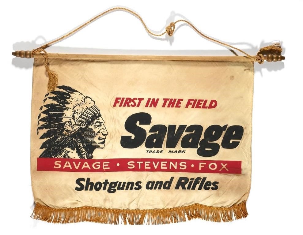 Appraisal: VINTAGE SAVAGE FIREARMS ADVERTISING BANNERScarce circa s Savage - Stevens