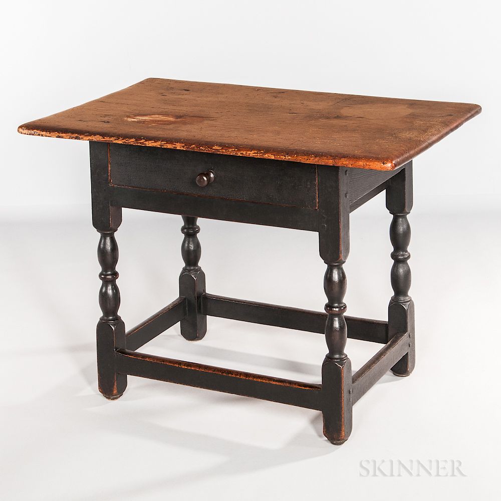 Appraisal: Early Black-painted Turned Tavern Table with Drawer Early Black-painted Turned