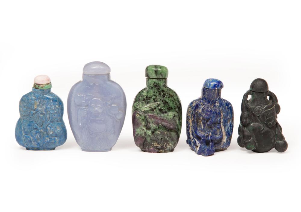 Appraisal: Five Chinese Hardstone Snuff Bottles incl zoisite carved with a