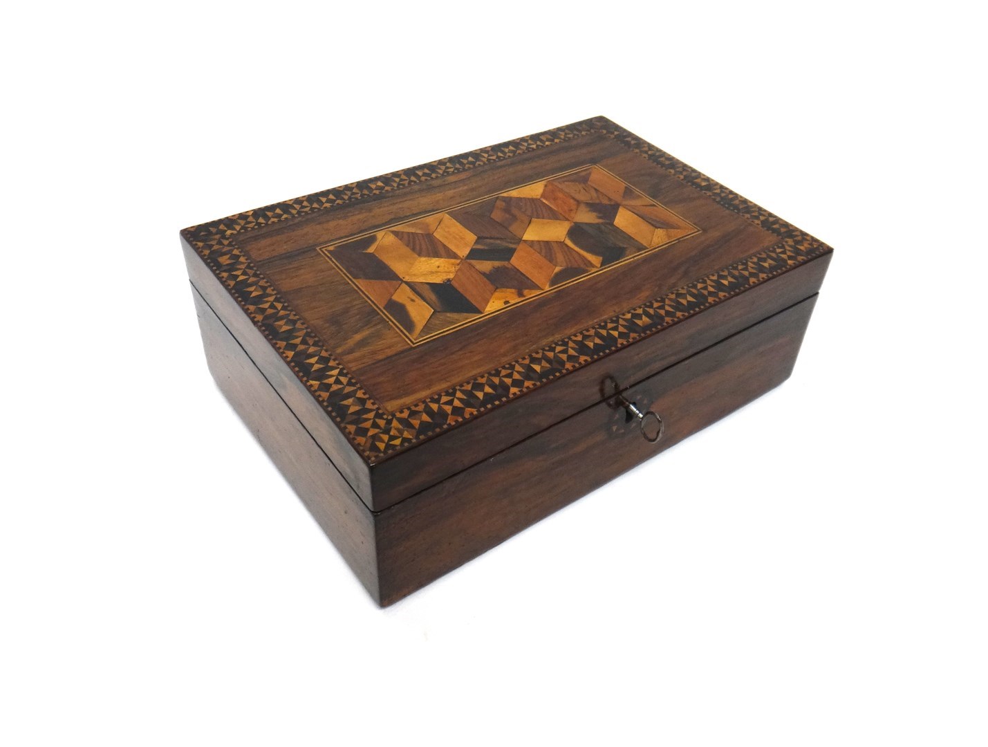 Appraisal: A th century deception cube parquetry inlaid rosewood rectangular box