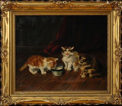 Appraisal: BRUND DE NEVILLE KITTENS AND MILK Oil on canvas x