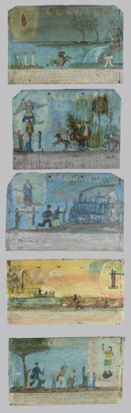 Appraisal: Five Mexican Folk Art Narrative Paintings th century mixed media