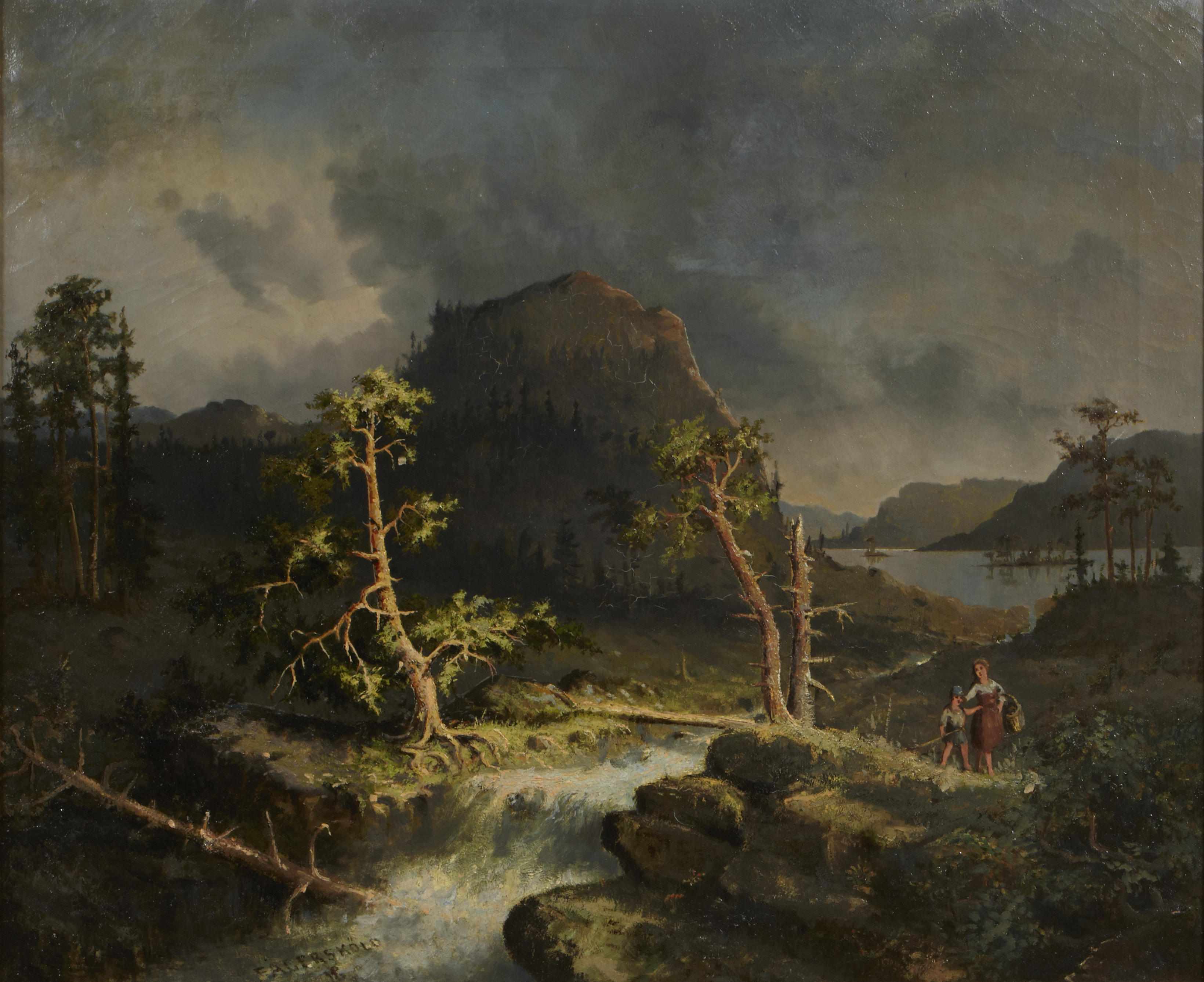 Appraisal: Fagerskold A landscape with figures by a river crossing under