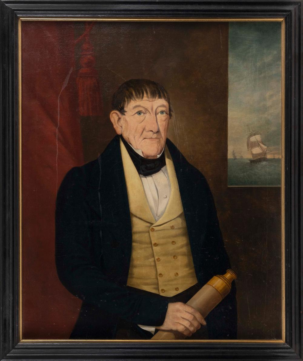 Appraisal: AMERICAN SCHOOL TH CENTURY PORTRAIT OF SEATED SEA CAPTAIN HOLDING