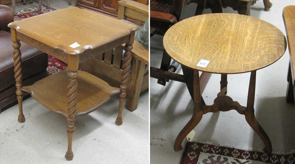 Appraisal: TWO OAK LAMP TABLES American Victorian square top lamp table