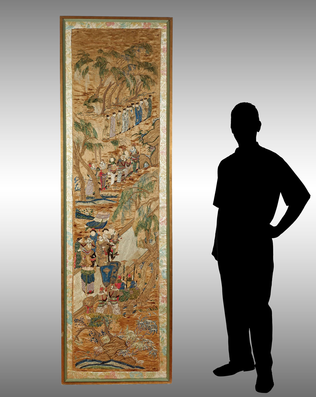 Appraisal: LARGE JAPANESE FIGURAL SILK EMBROIDERY Tall Japanese silk embroidered imperial